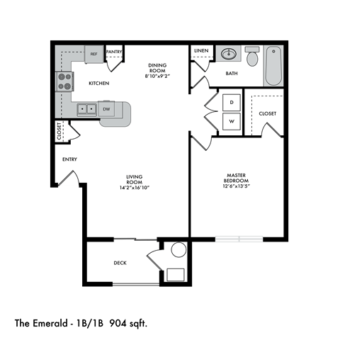 Floor plan for 1 bed, 1 bath, 904 sqft